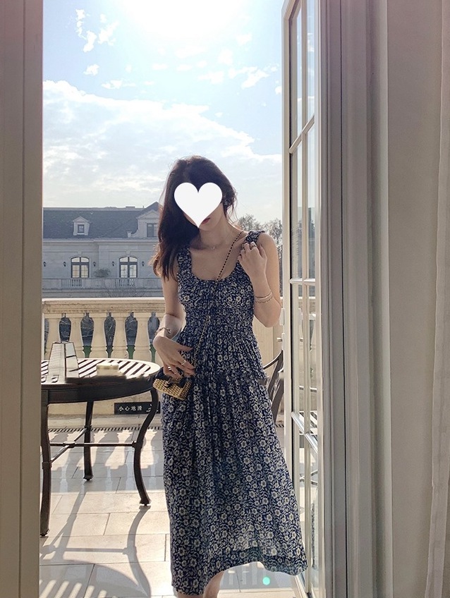 法式寬肩帶碎花洋裝(長/短)(藍/橘/杏)