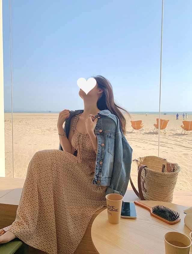 法式寬肩帶碎花洋裝(長/短)(藍/橘/杏)