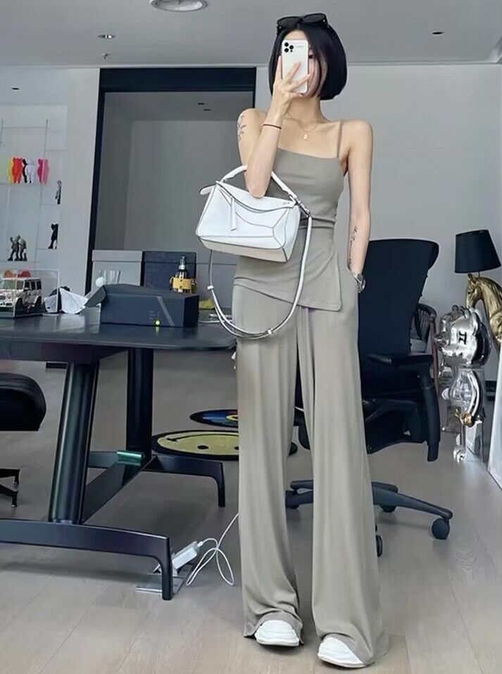 萊卡棉方領休閒套裝(灰綠/黑)