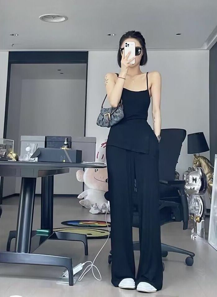 萊卡棉方領休閒套裝(灰綠/黑)