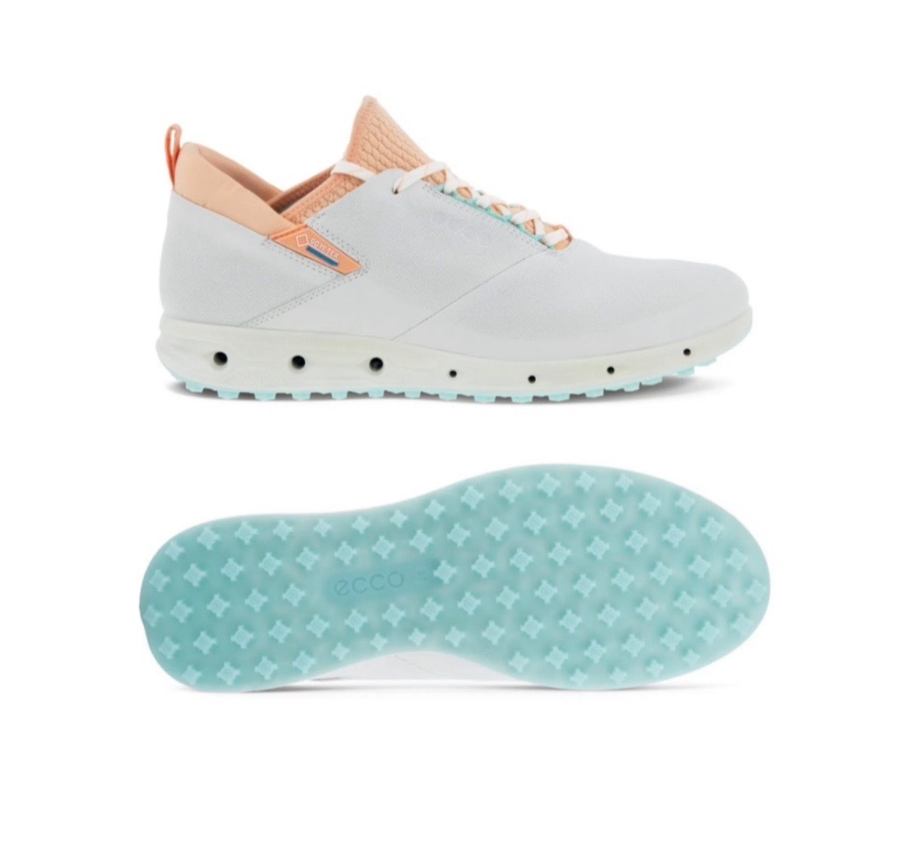 女款 4M/ECCO正品/LPGA高寶錦代言同款/ECCO BIOM COOL PRO GORE-TEX LADIES GOLF SHOE WHITE/PEACH NECTAR/防水軟釘高爾夫球鞋