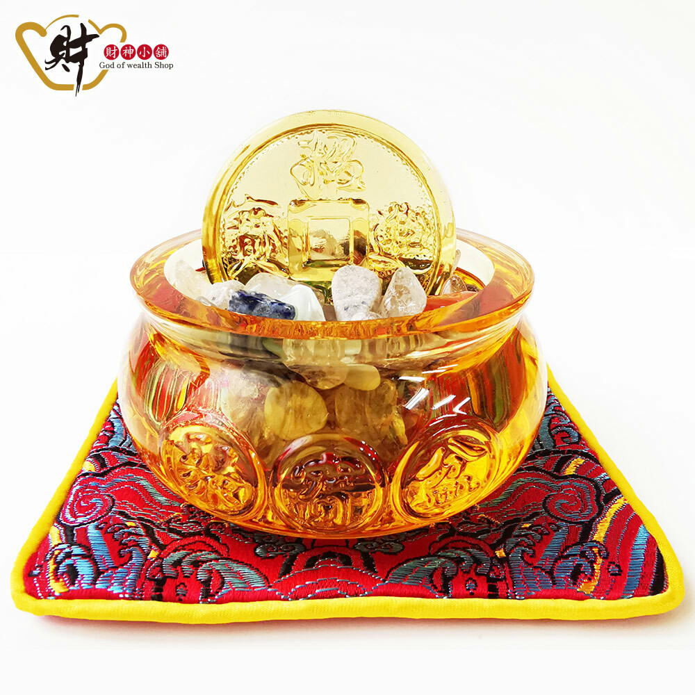 【財神小舖】轉運金錢-琉璃水晶聚寶盆擺件(旺運)(含開光)