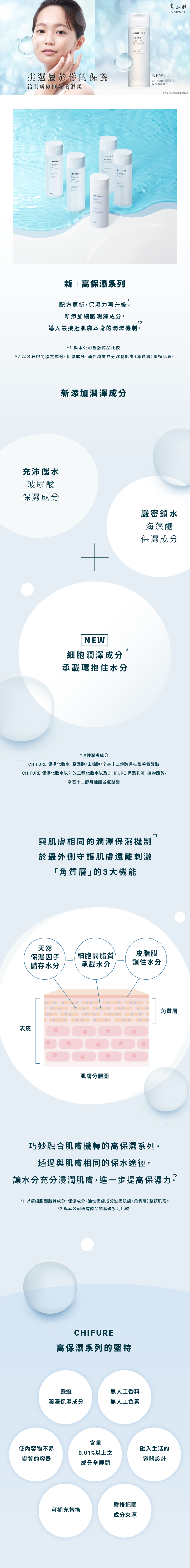 新｜高保濕系列，配方更新，保濕力再升級(註：與本公司舊版商品比較)。新添加細胞潤澤成分，導入最接近肌膚本身的潤澤機制。(註：以類細胞間脂質成分、保濕成分、油性潤膚成分滋潤肌膚（角質層）整頓肌理。)新添加潤澤成分，充沛儲水玻尿酸保濕成分，嚴密鎖水海藻醣保濕成分。NEW細胞潤澤成分(註1)承載環抱住水分。(註1：油性潤膚成分——CHIFURE 保濕化妝水：膽固醇/山崳醇/辛基十二烷醇月桂醯谷氨酸酯 。CHIFURE 保濕化妝水以外的三種化妝水以及CHIFURE 保濕乳液：植物固醇/辛基十二醇月桂醯谷氨酸酯。)與肌膚相同的潤澤保濕機制(註：以類細胞間脂質成分、保濕成分、油性潤膚成分滋潤肌膚（角質層）整頓肌理。)於最外側守護肌膚遠離刺激「角質層」的3大機能。巧妙融合肌膚機轉的高保濕系列。透過與肌膚相同的保水途徑，讓水分充分浸潤肌膚，進一步提高保濕力。(註：與本公司既有商品的基礎系列比較。)CHIFURE  高保濕系列的堅持：嚴選潤澤保濕成分；無人工香料、無人工色素；使內容物不易變質的容器；含量0.01%以上之成分全展開；融入生活的容器設計；可補充替換；嚴格把關成分來源。