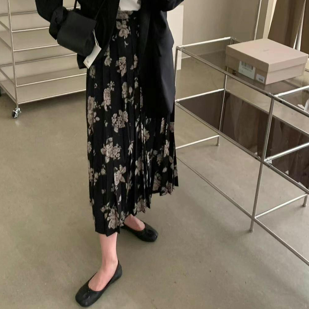 復古百褶墨花裙(M)