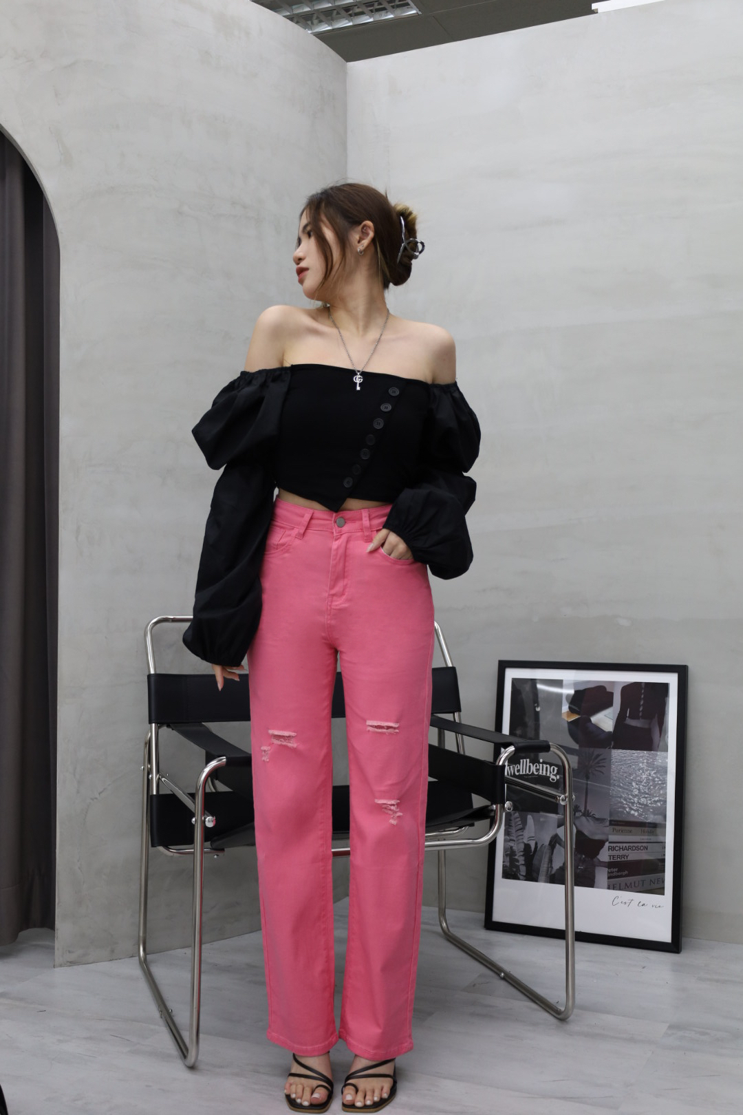 P!NK美式高腰直筒牛仔褲