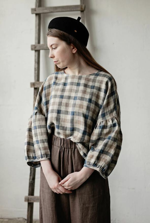 (預購)ALL THE BEAUTIFUL LINEN 大人款-格紋/點點亞麻落肩上衣 FESTIVE KIMONO TUNIC