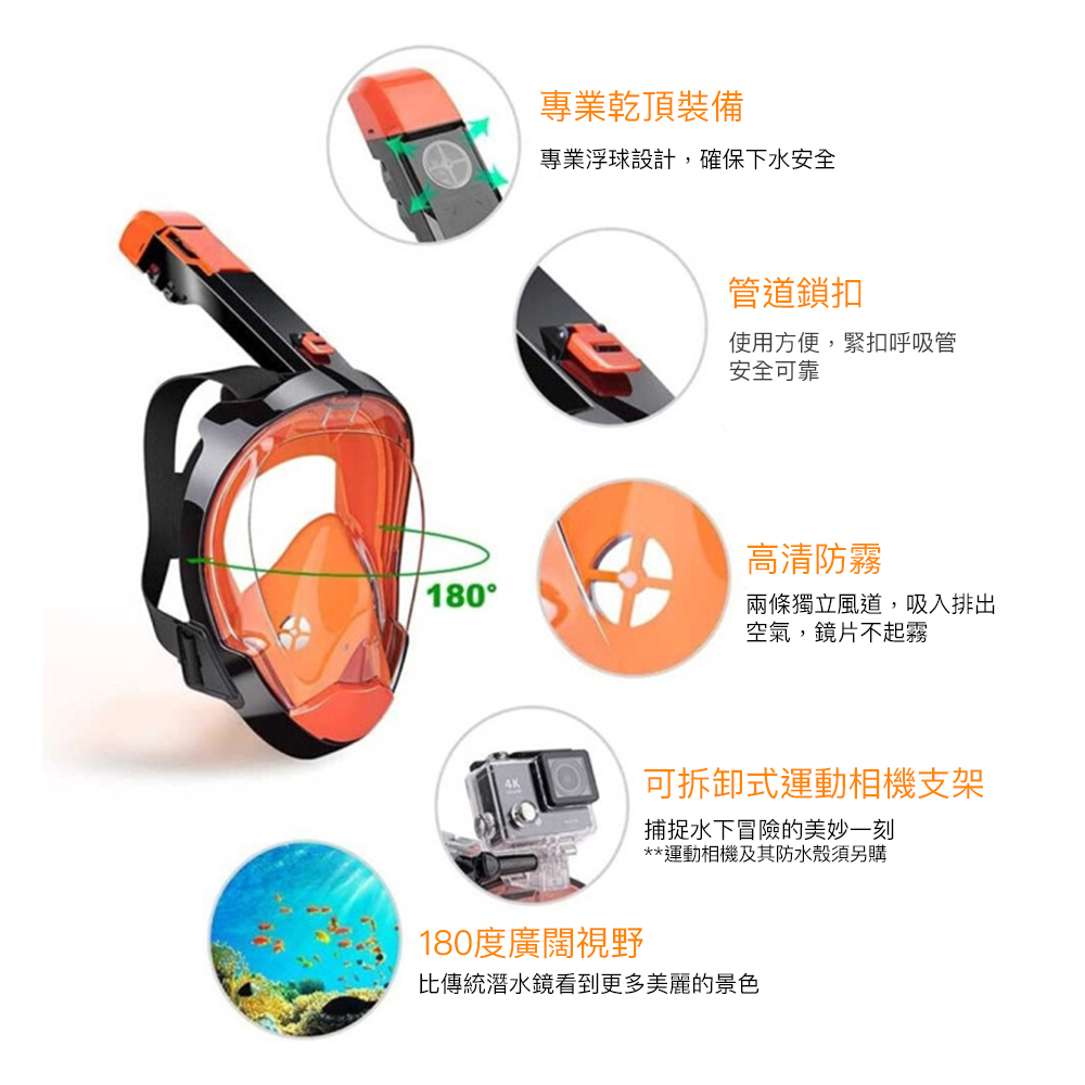 成人全罩式呼吸浮潛面鏡 - 黑