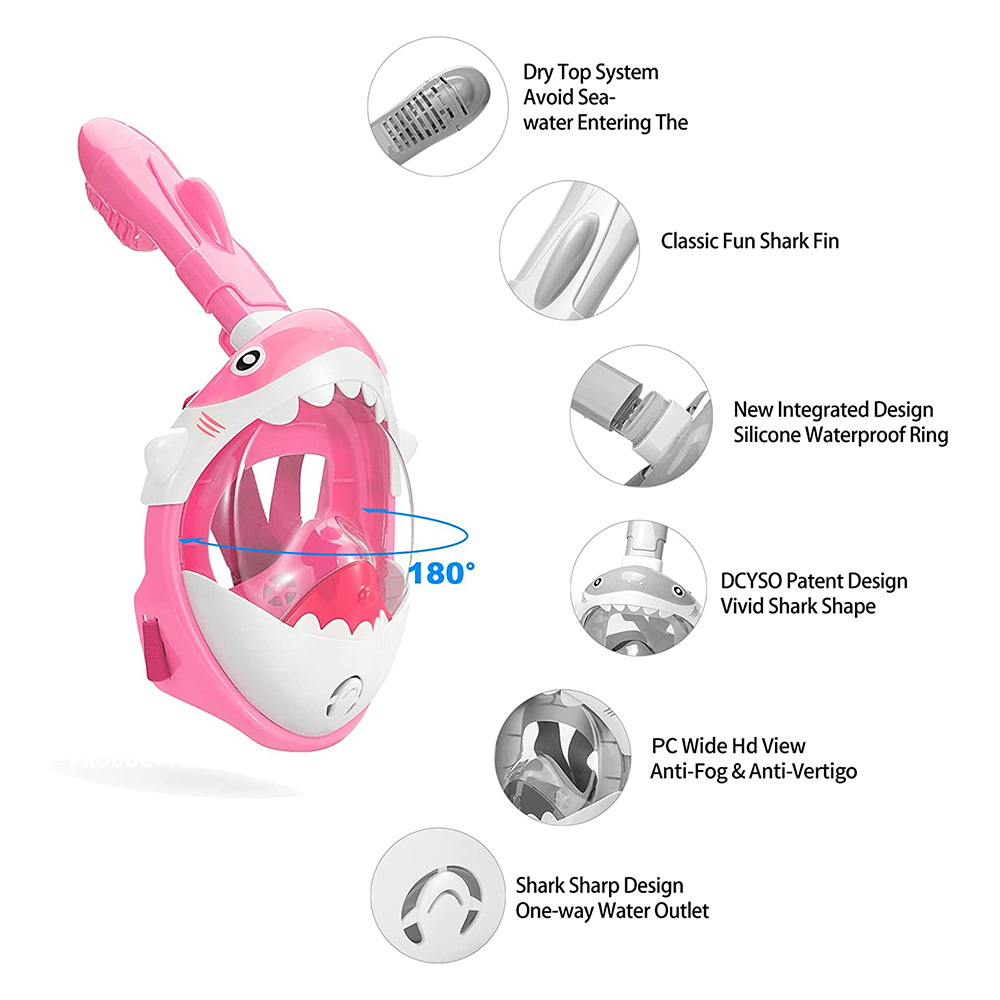 動物造型兒童全罩式呼吸浮潛面鏡 - 粉紅鯊