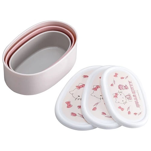 Hello Kitty 橢圓形保鮮盒3入組 Ag+ 抗菌 (粉鬱金香款)(此為平行進口產品)