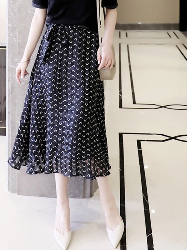 新月綁帶雪紡裙  黑色