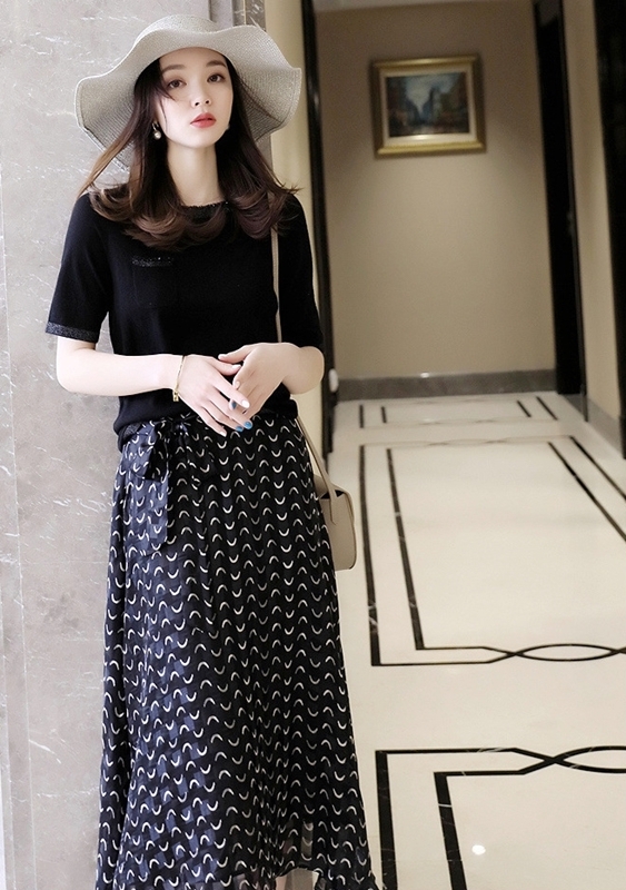 新月綁帶雪紡裙  黑色