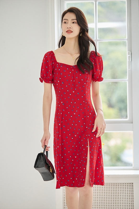 方領印花開衩紅洋裝 紅色
