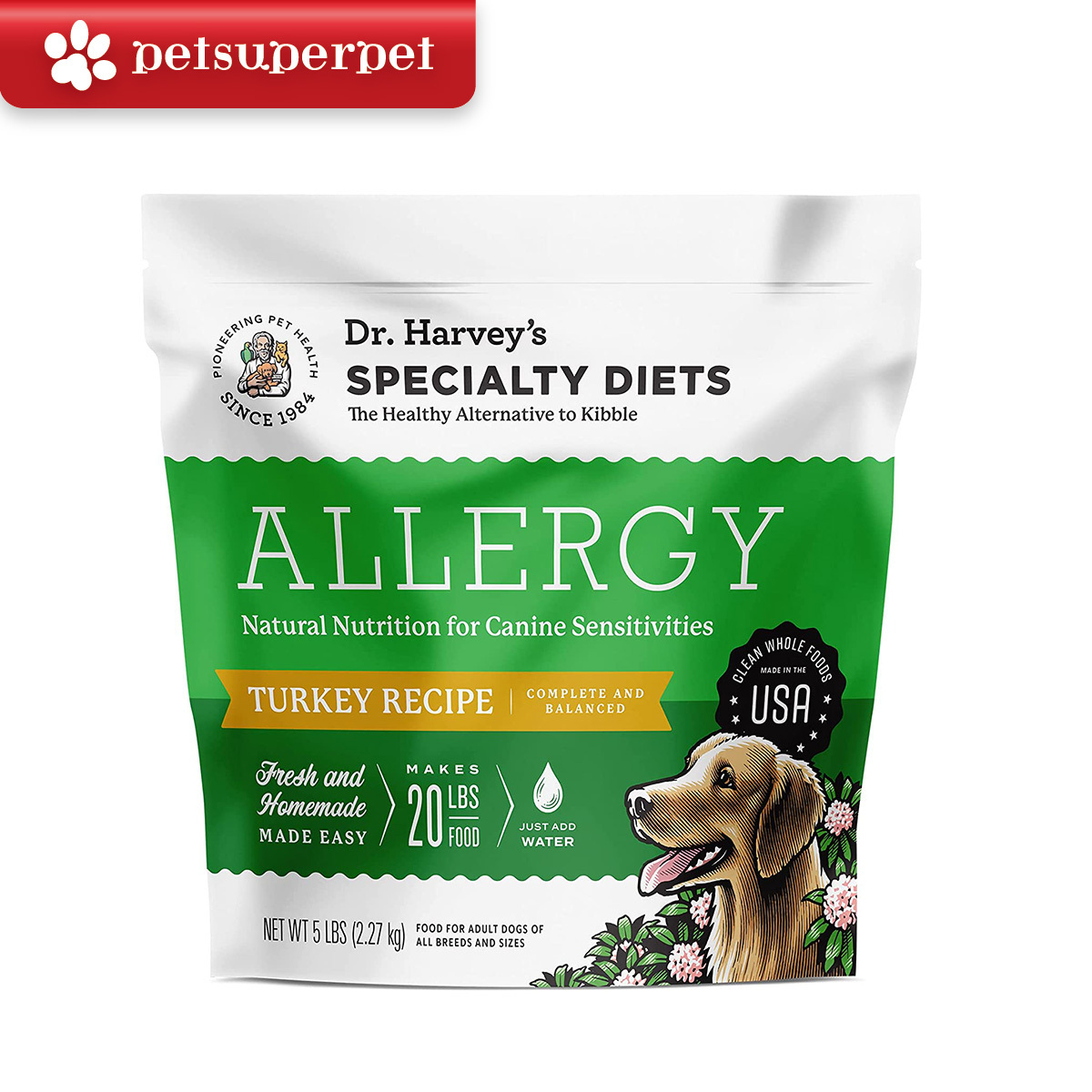 【超抵價！｜原價＄1580】美國進口 Dr Harvey's Allergy 天然營養無穀物狗糧 - 火雞味 (適合有過敏的狗狗)  - 5lb (2.27kg)