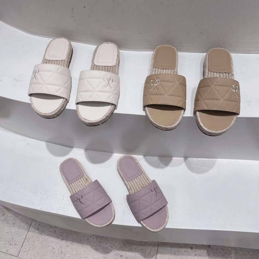 蝴蝶結格紋棉麻拖鞋