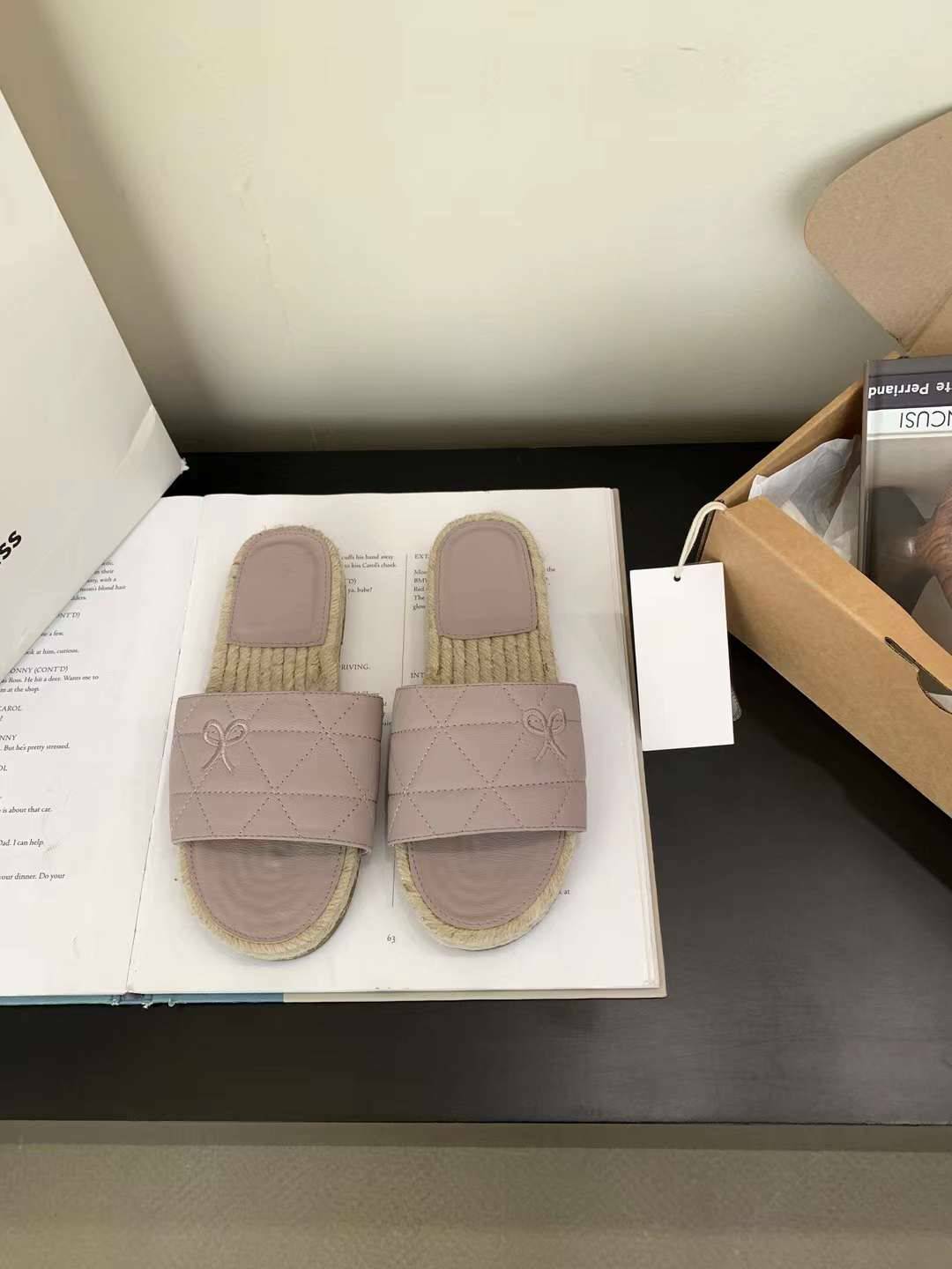 蝴蝶結格紋棉麻拖鞋