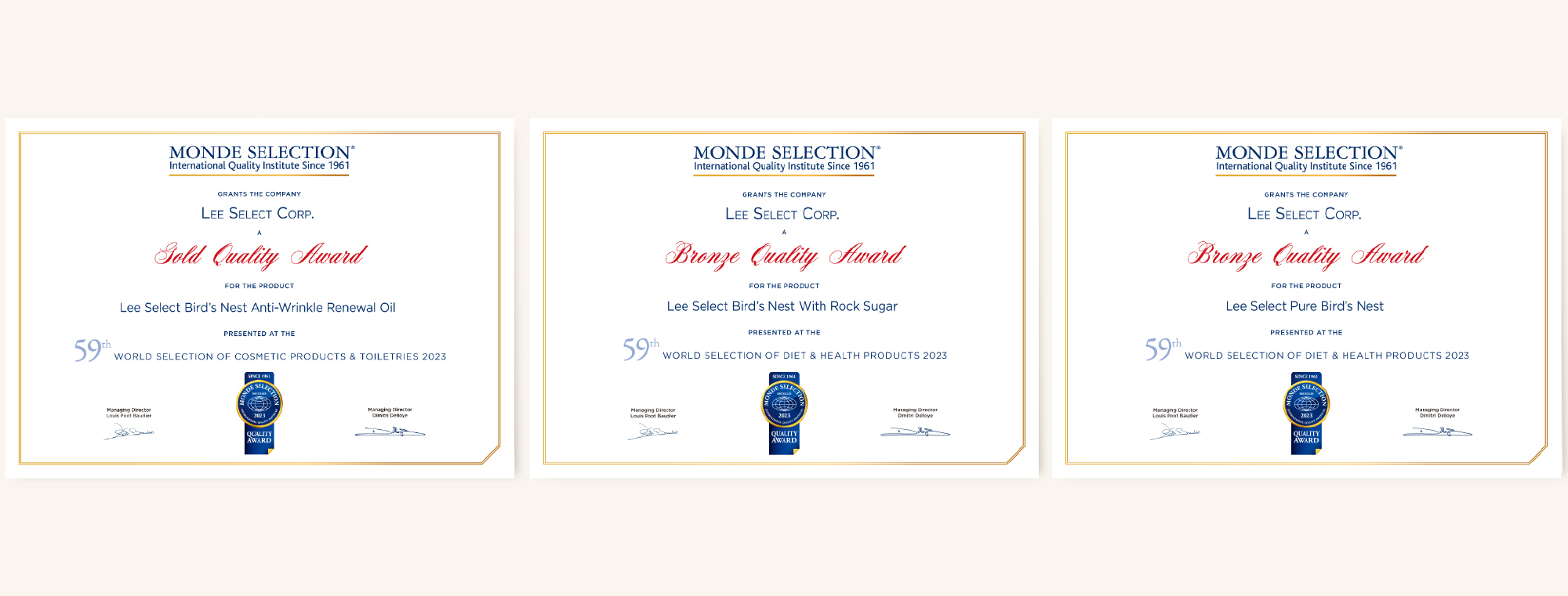 2023世界級金獎 世界品質評鑑大賞 MONDE SELECTION 李向月連 國際專家 360 品質評鑑 No.1 安心保證 零密度極濃燕窩 經典冰糖燕窩 燕窩撫紋精華油