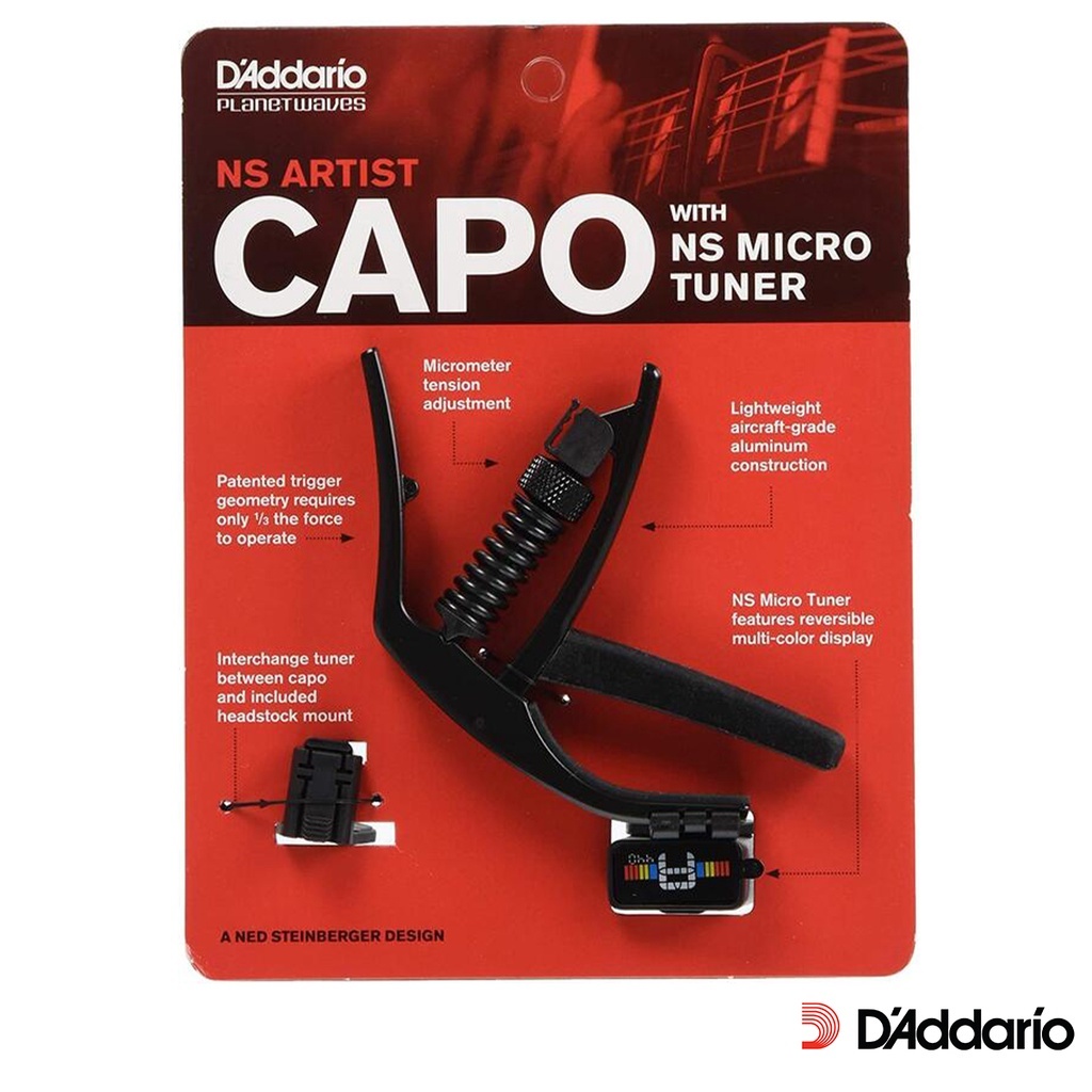 DAddario Planet Waves PW-CP-10NSM Ns Artist Capo 移調夾 調音器 黑色 鋁製 可調張力 內含 Ns Micro Tuner