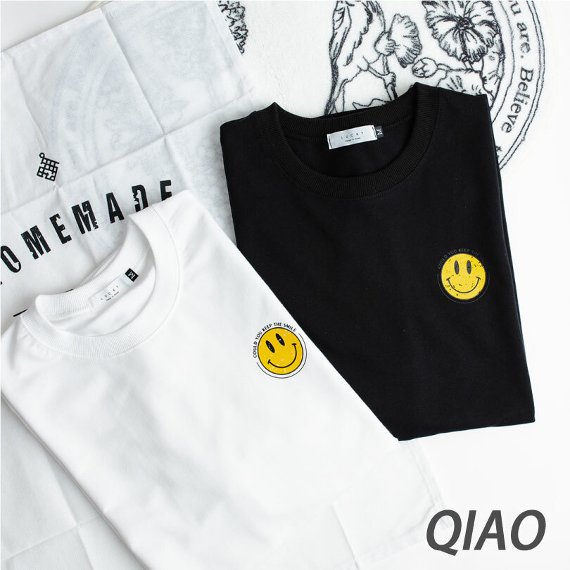韓國新貨 復古印刷 小微笑 細絨棉 五分T