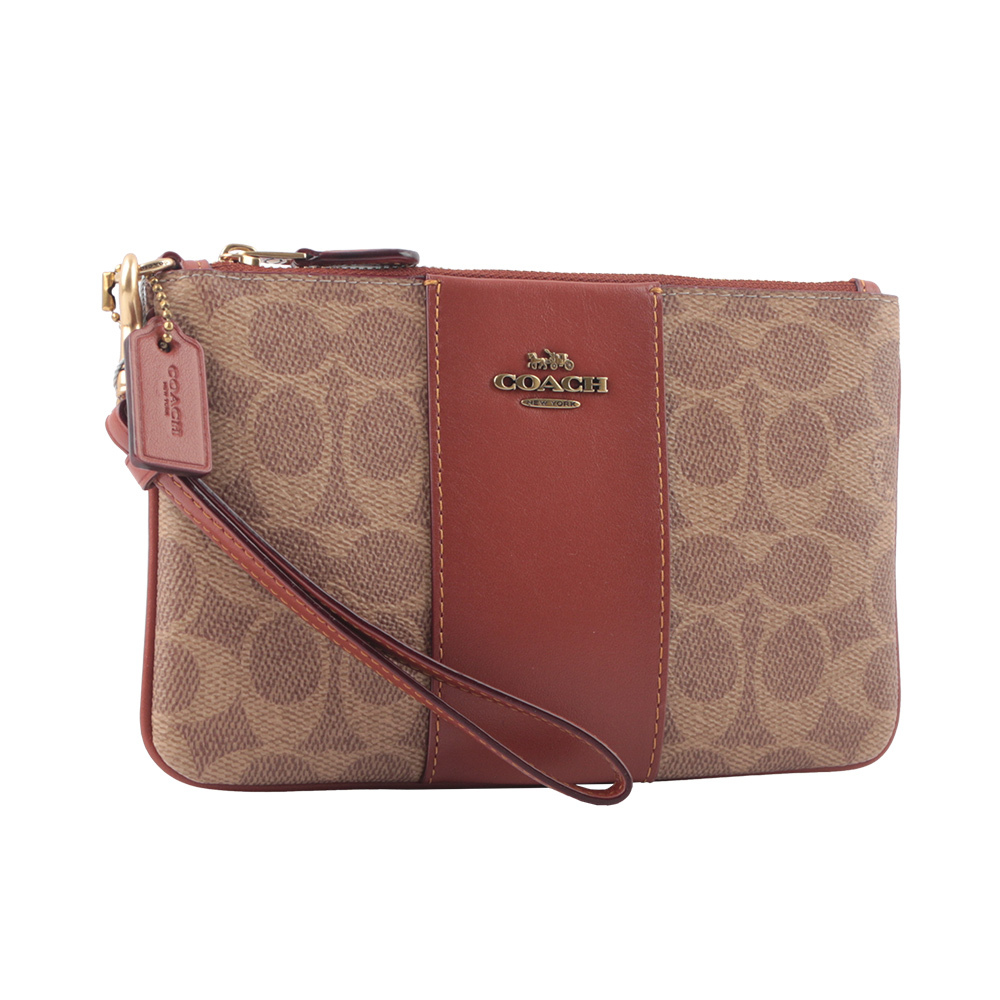 【COACH 】專櫃款經典CC Logo 撞色小款手拿包(焦糖/紅棕色)