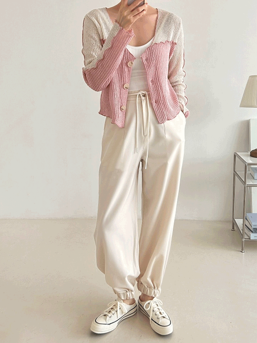 [現貨]率性抽繩運動風長褲(奶油色)