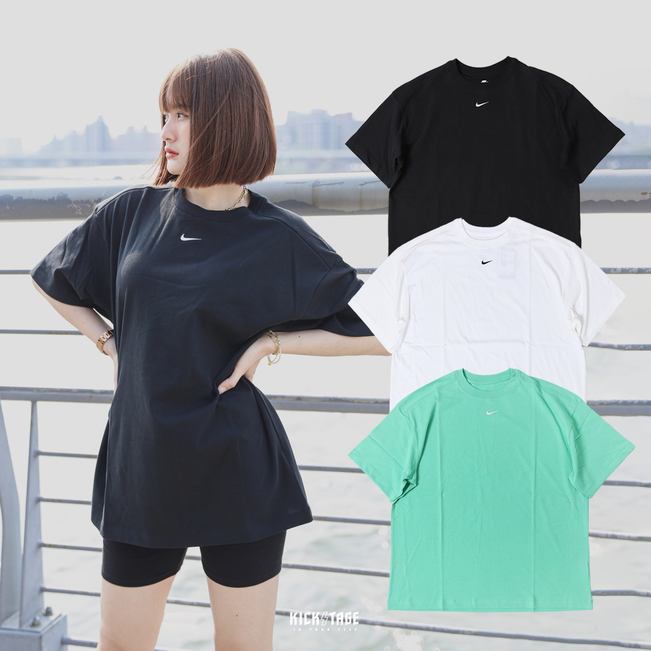 **特價商品售出不退換**女款 NIKE W NSW ESSNTL SS TEE 黑色 白色 亮綠色 小勾刺繡 基本款 寬鬆版 落肩 短T【DX7911-010】