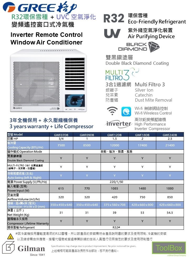 GREE格力 3/4匹 G-Panel 雙黑鑽 WIFI智能 R32 變頻 窗口式冷氣機 GWF07DB
