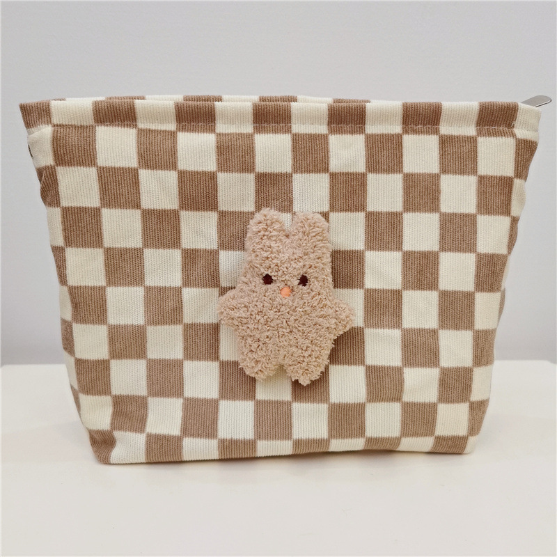 《1990》韓國小熊棋盤格燈芯絨拉鍊收納包