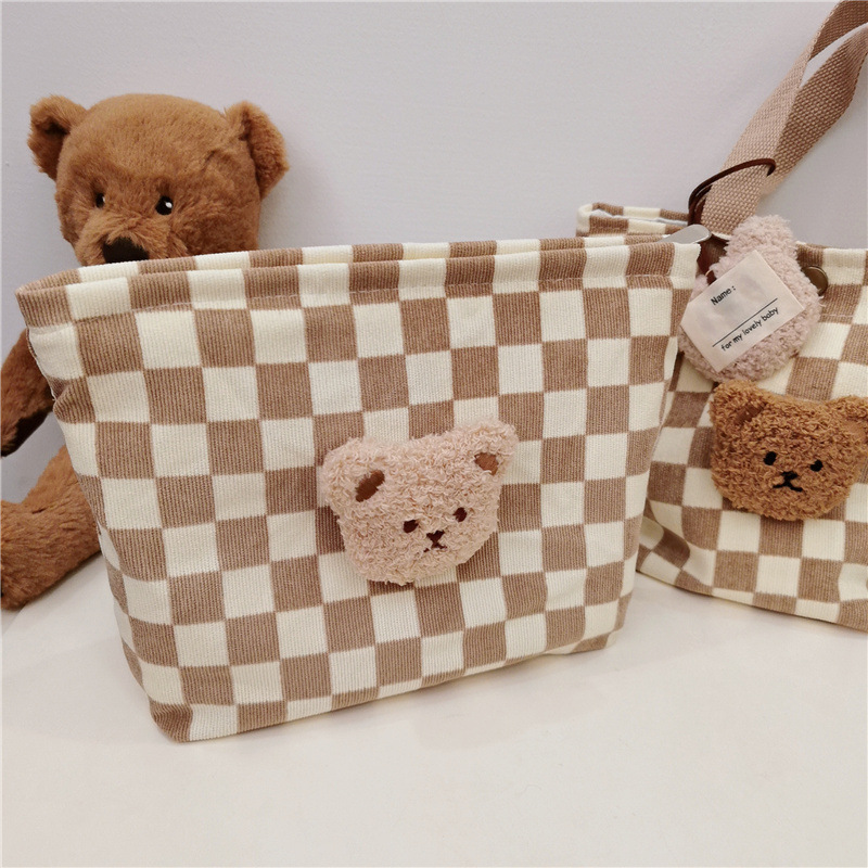 《1990》韓國小熊棋盤格燈芯絨拉鍊收納包