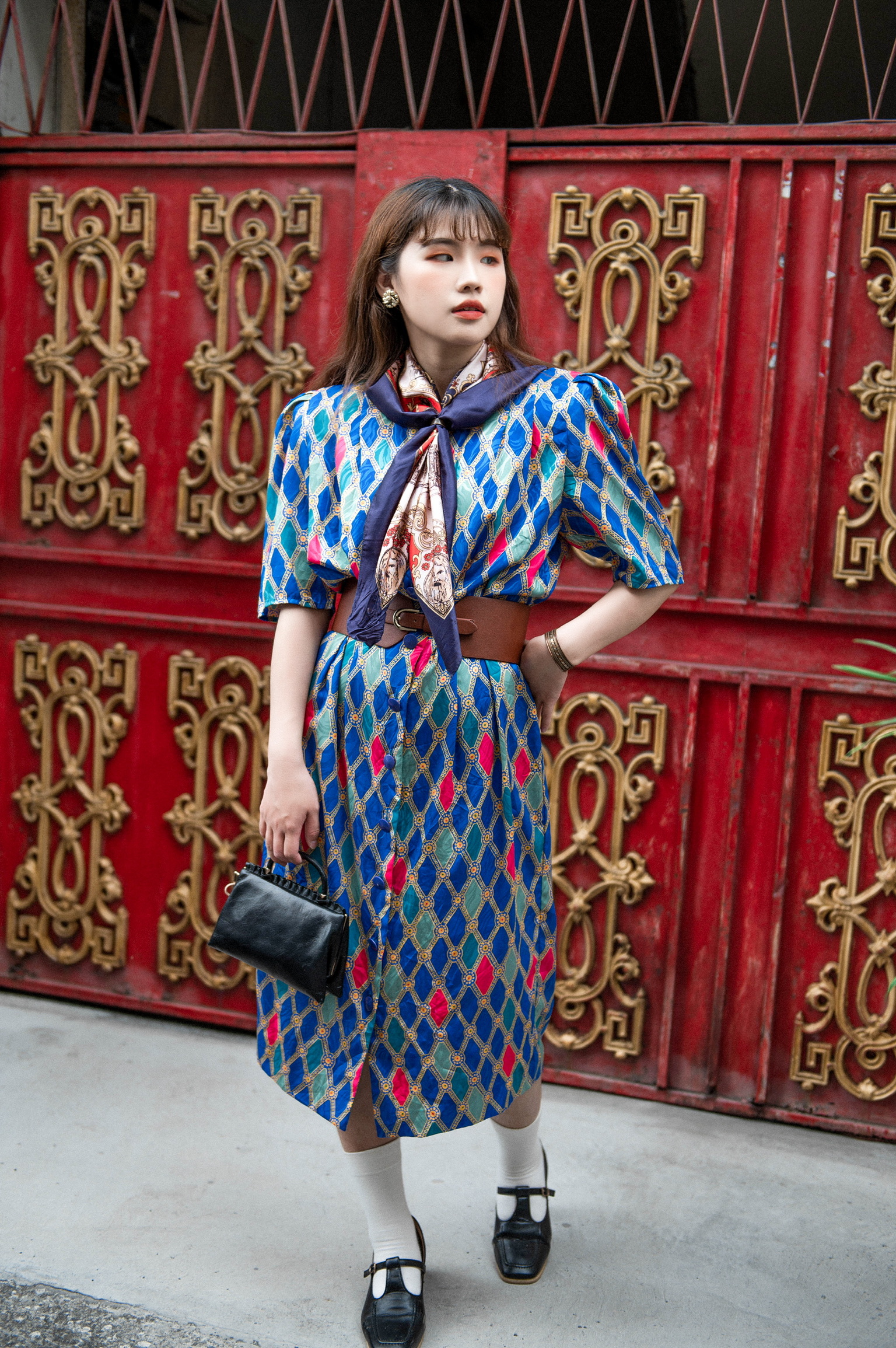 Vintage Dress/古著美式撞色花磚洋裝