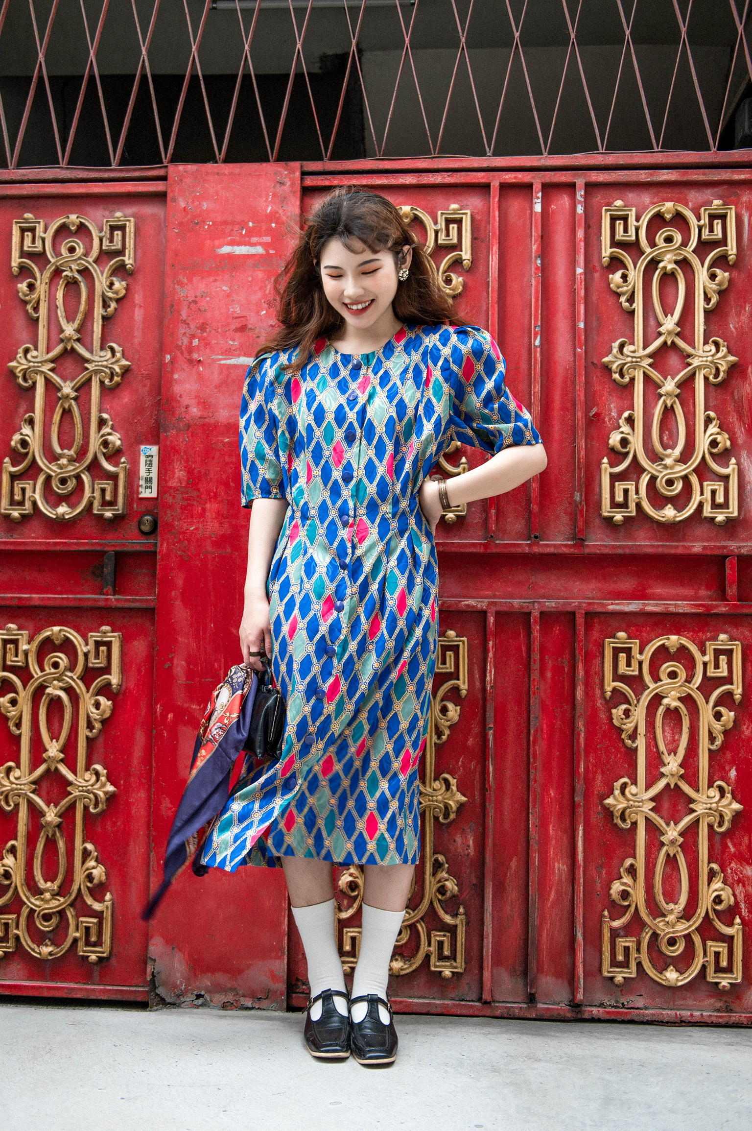 Vintage Dress/古著美式撞色花磚洋裝