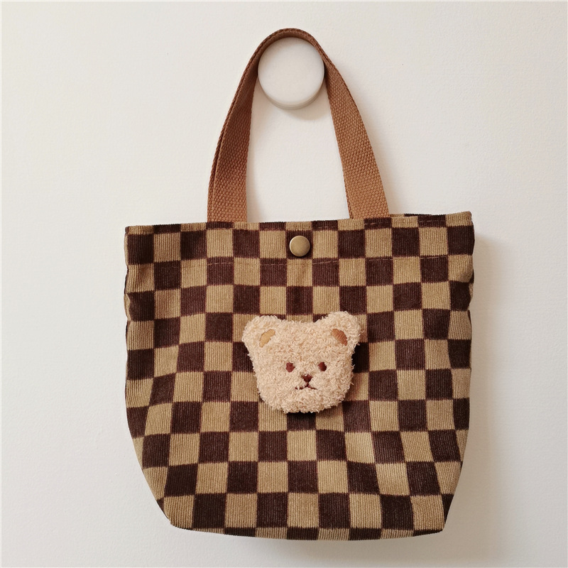 《1991》韓國小熊棋盤格燈芯絨手提包