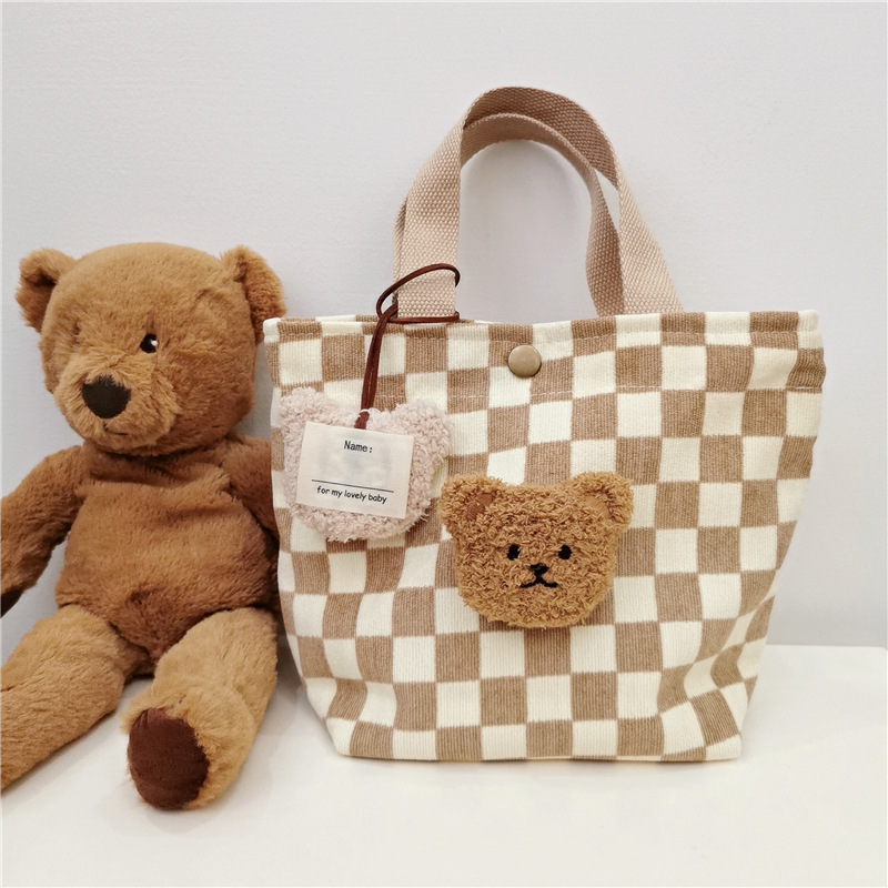 《1991》韓國小熊棋盤格燈芯絨手提包