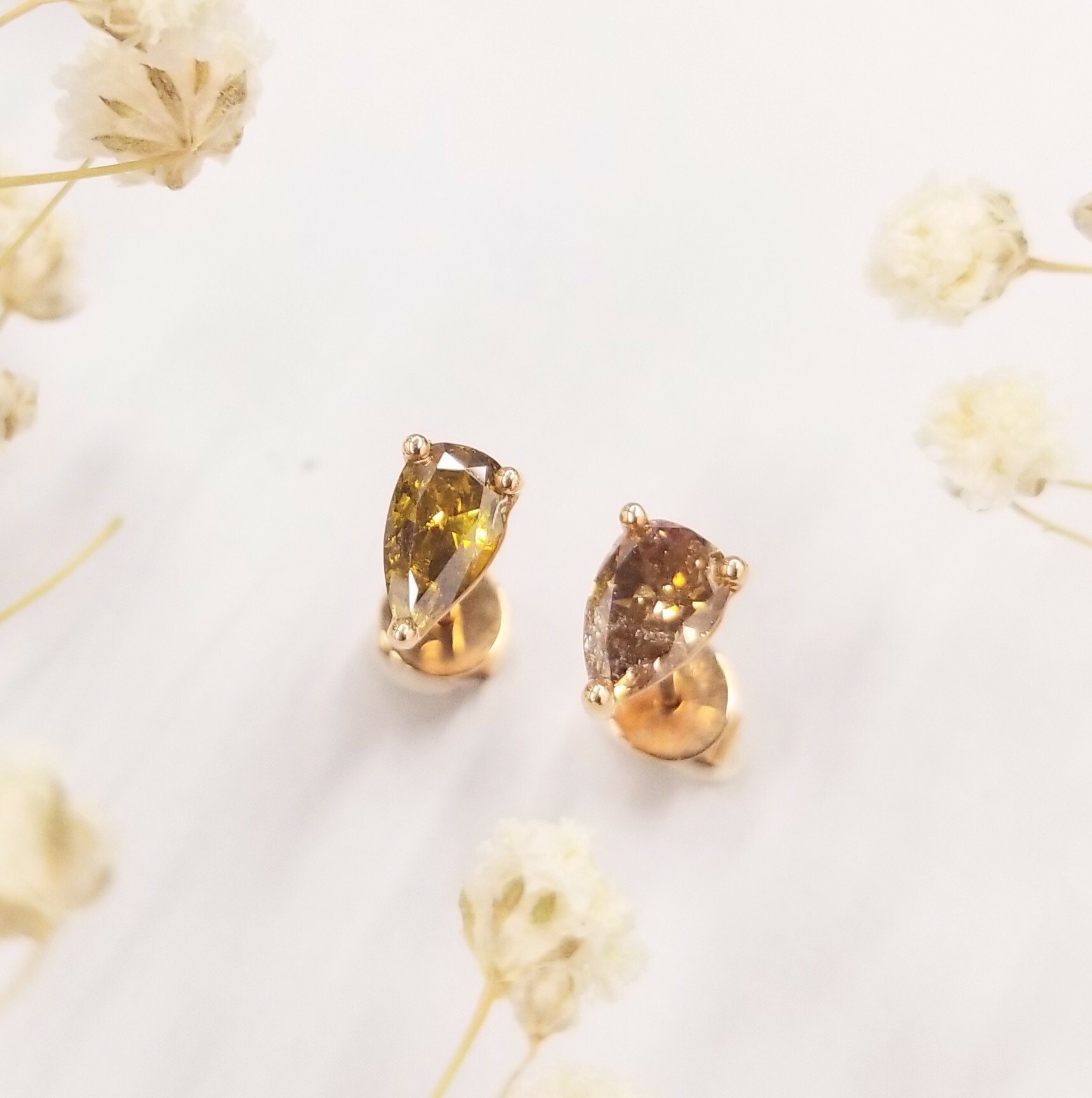 全新18K玫瑰金【主石90份梨形咖啡鑽】耳環