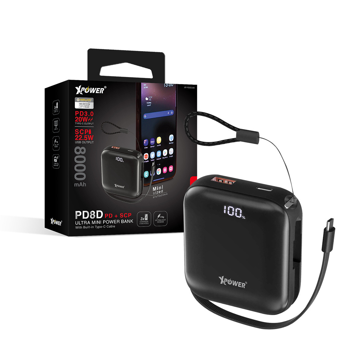 XPower PD8D PD 3.0 + SCP 8000mAh內置PD線外置充電器(特價產品3個月保養)