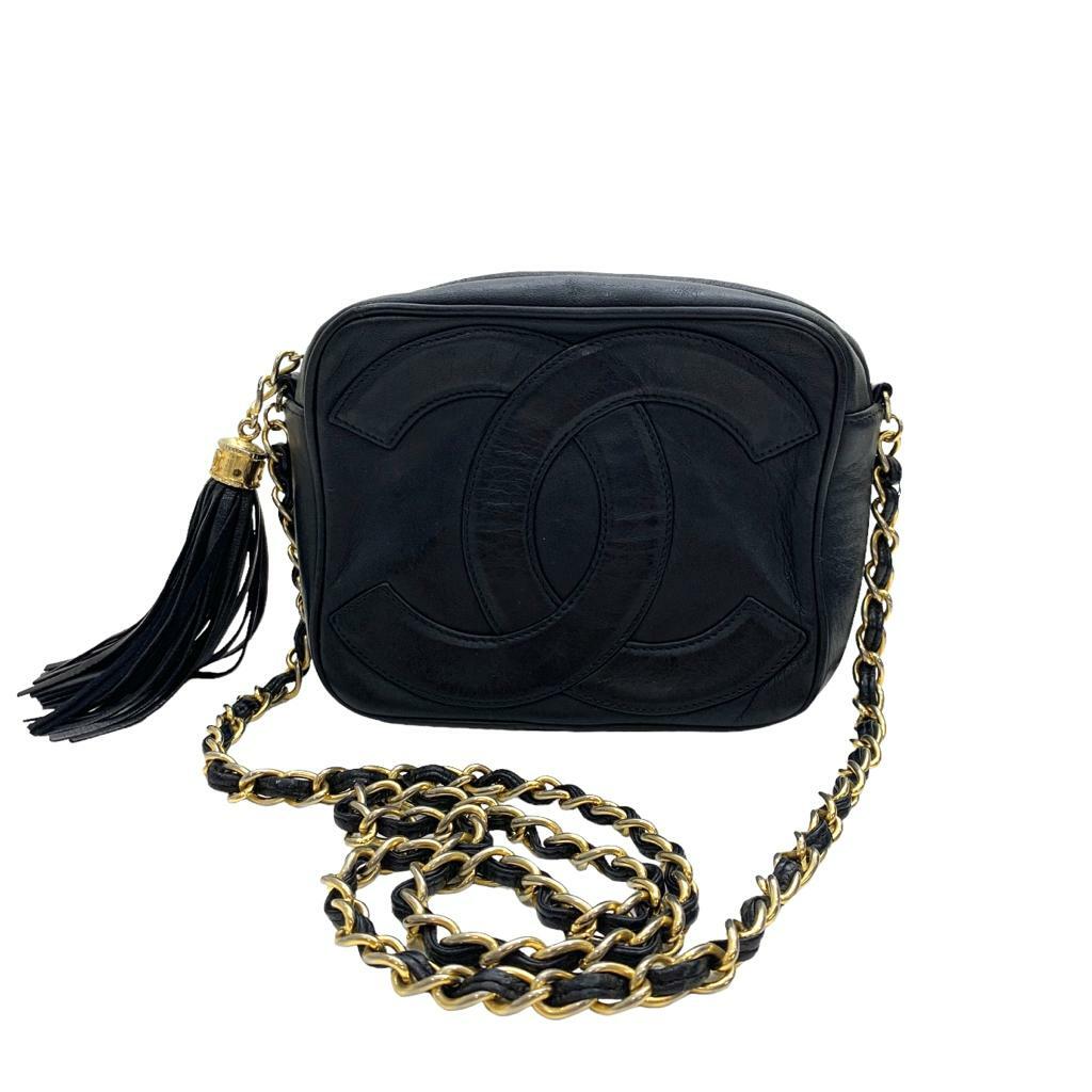 95%NEW二手CHANEL斜背包 VINTAGE 黑色牛皮大CC LOGO 金鏈 #香榭站正品