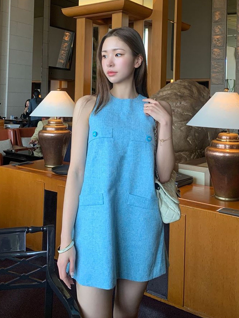 [現貨] 削肩鈕扣短洋裝 [ 2色 / Free ]