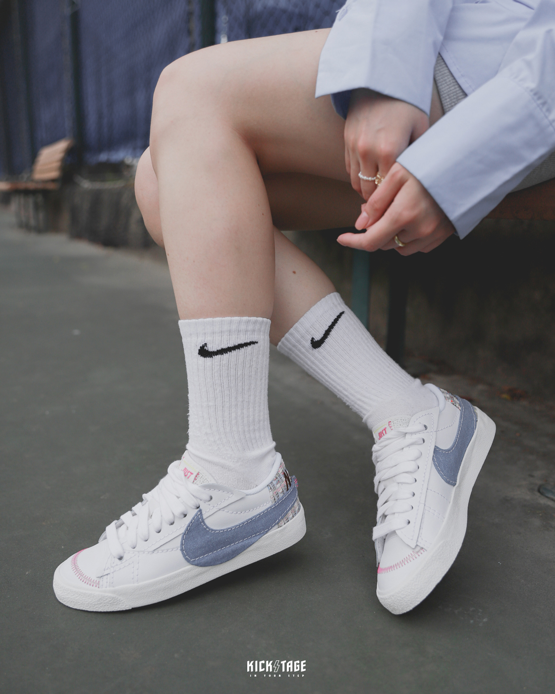 女鞋NIKE W BLAZER LOW JUMBO 粉藍牛仔小香風混色編織丹寧大勾復古板鞋