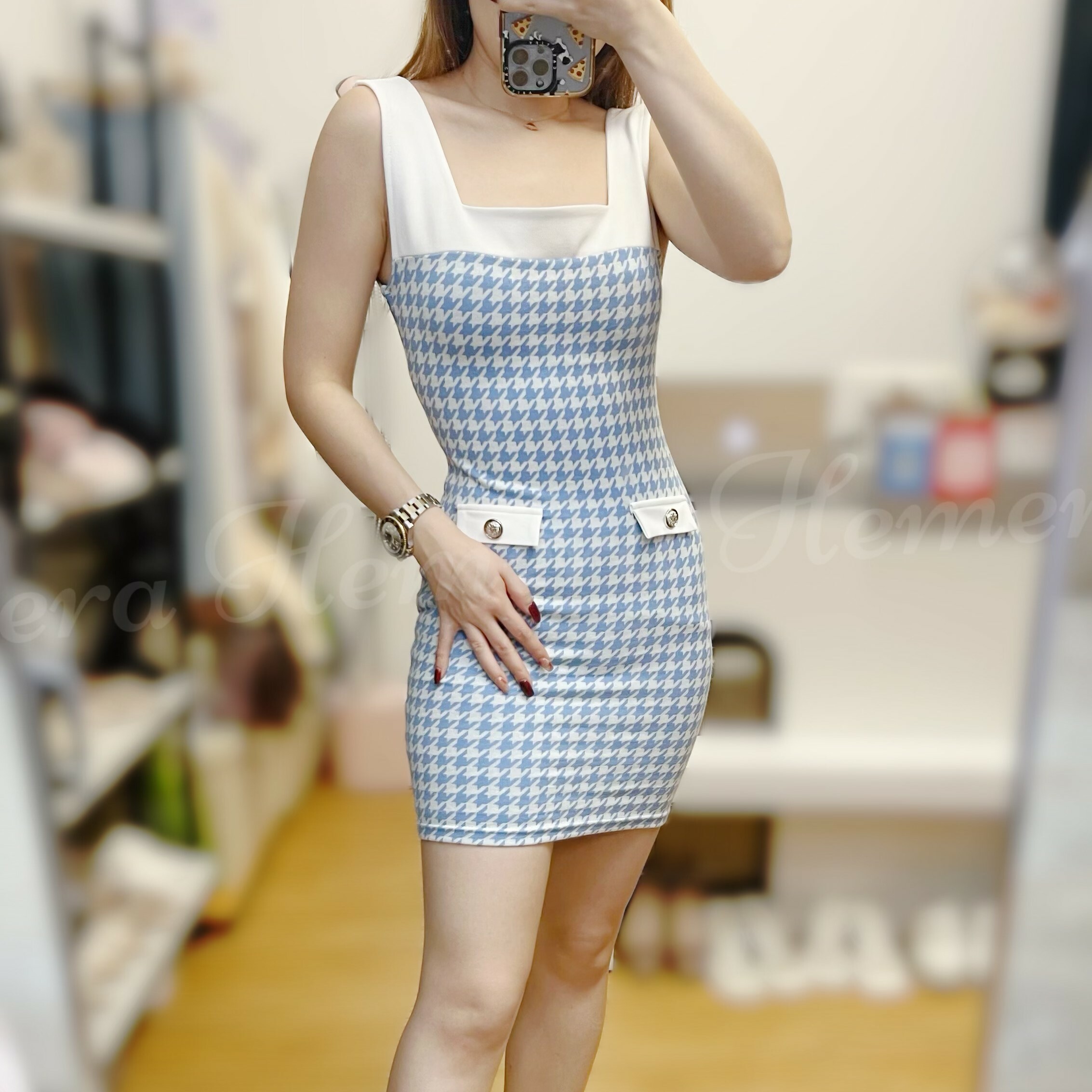 DR23W0438 千鳥格性感棉質連身裙