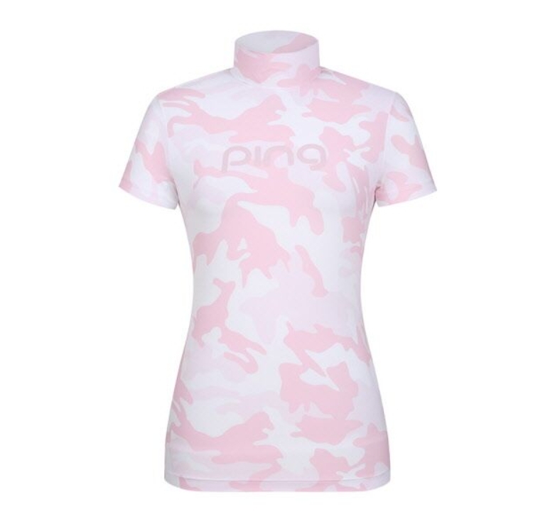 女【現貨】韓版PING 正品同步/網美推薦高爾夫球衣/女士迷彩圖案高領短袖內搭透氣T卹/韓風高爾夫球衣/MW112385