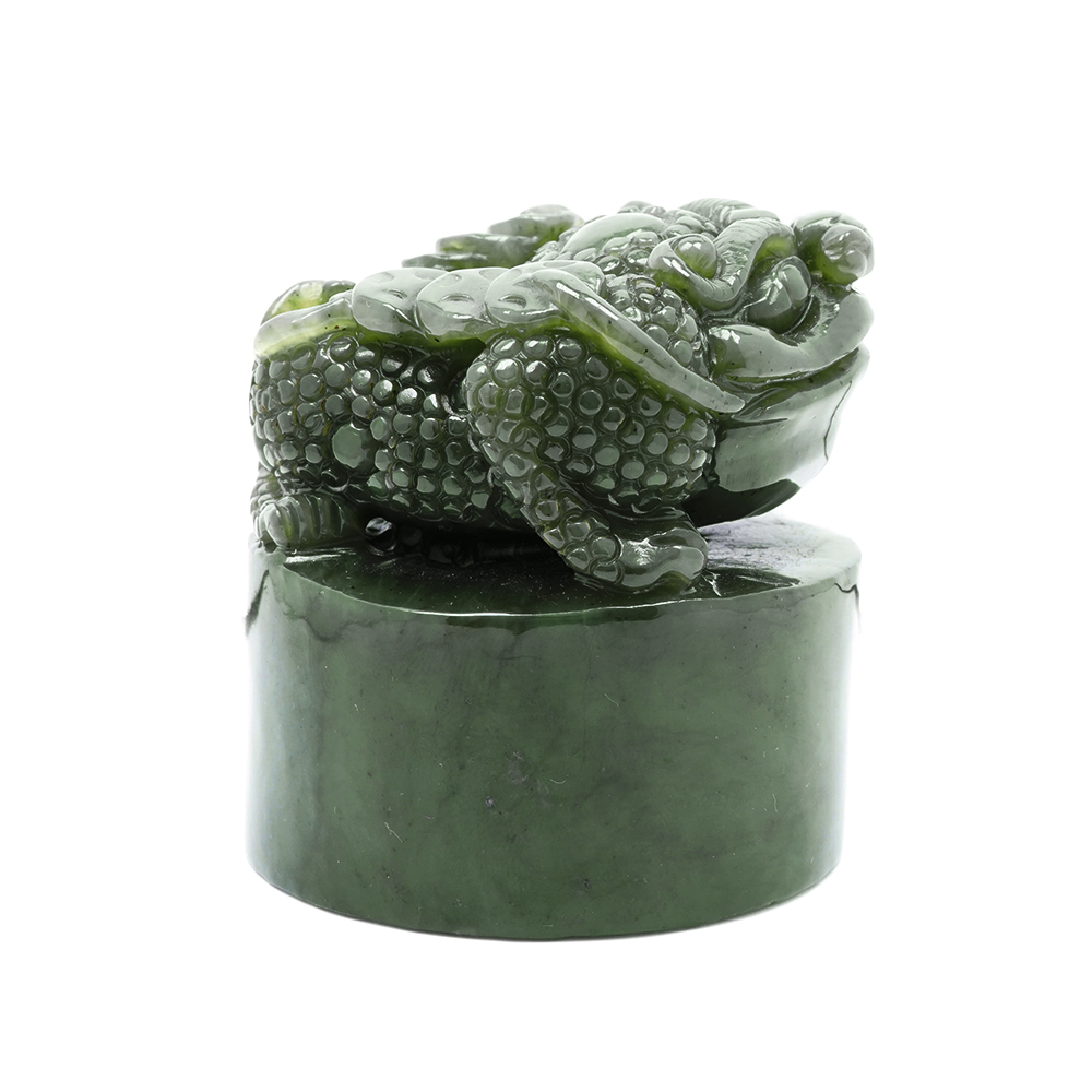 和田碧玉三足金蟾手工雕刻和田碧玉雕刻擺件｜特製木座