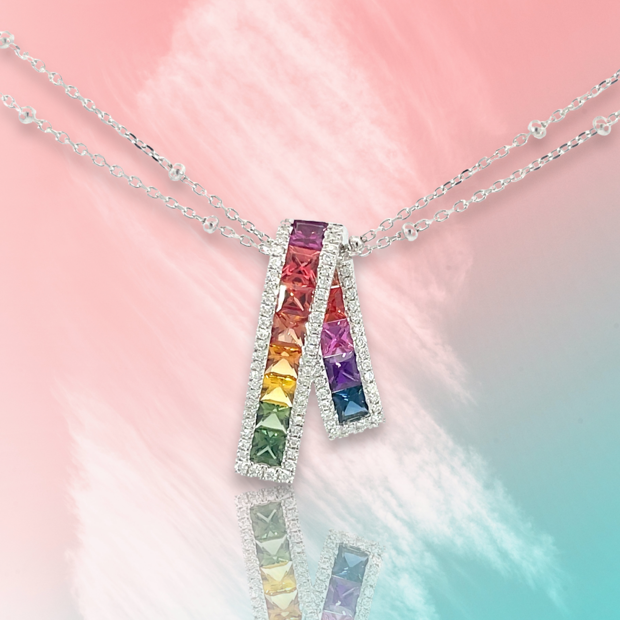 18K金彩虹藍寶石鑽石吊墜-立體緞帶