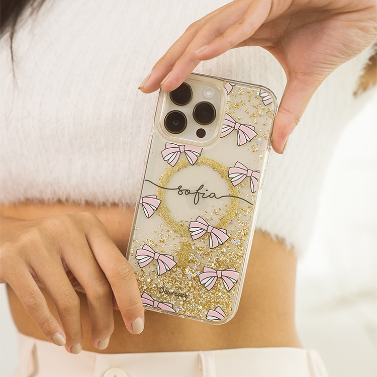 粉蝴蝶結 香檳金貝拉殼 (MagSafe) - (訂製名字) iPhone客製化手機殼