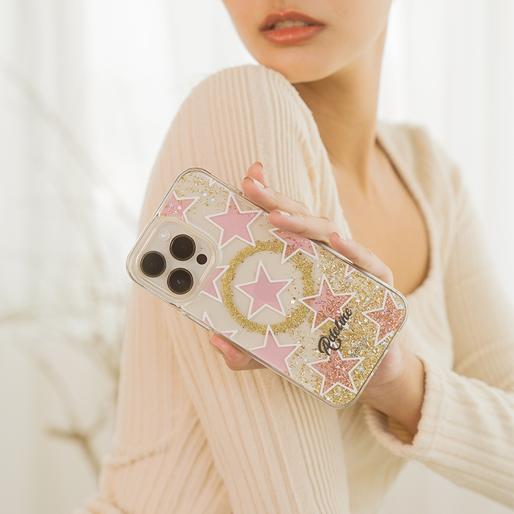粉色星星 香檳金貝拉殼 (MagSafe) - (訂製名字) iPhone客製化手機殼
