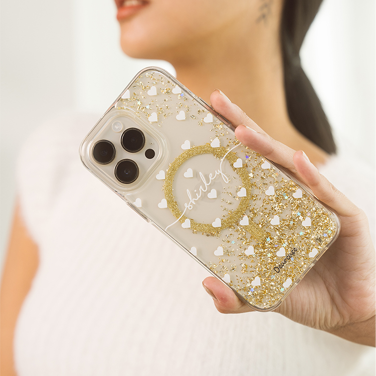 白色愛心 香檳金貝拉殼 (MagSafe) - (訂製名字) iPhone客製化手機殼