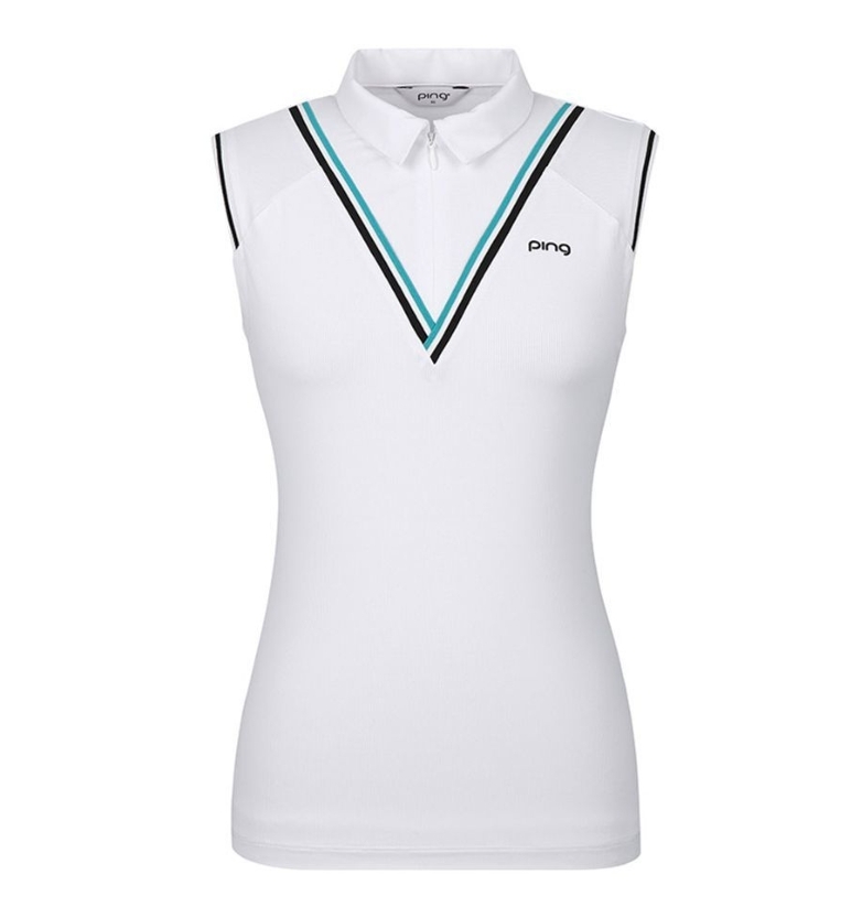 女【現貨】韓版PING 正品同步/網美推薦高爾夫球衣/女款酷V拼色立領無袖T卹/韓風高爾夫球衣/MW112386