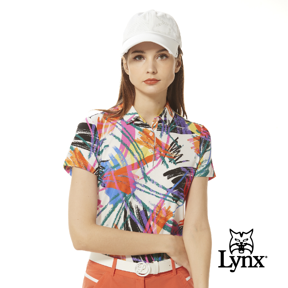 【Lynx Golf】女款歐洲進口布料柔軟舒適蠟筆塗鴉筆觸印花短袖POLO衫