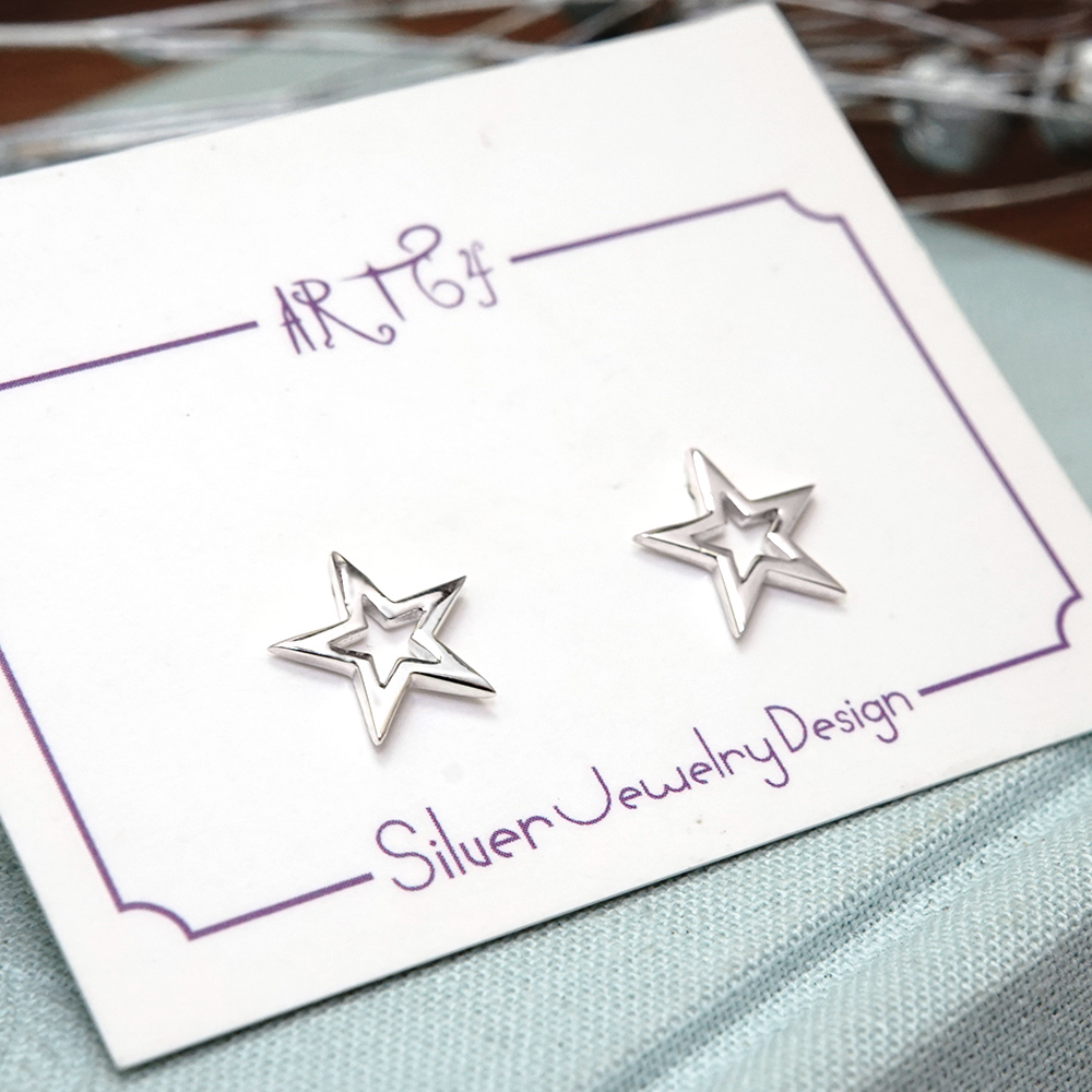 兒時回憶 鏤空星星 925純銀 針式耳環