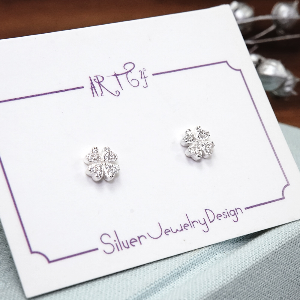 晨露 幸運草小鑽 925純銀 針式耳環