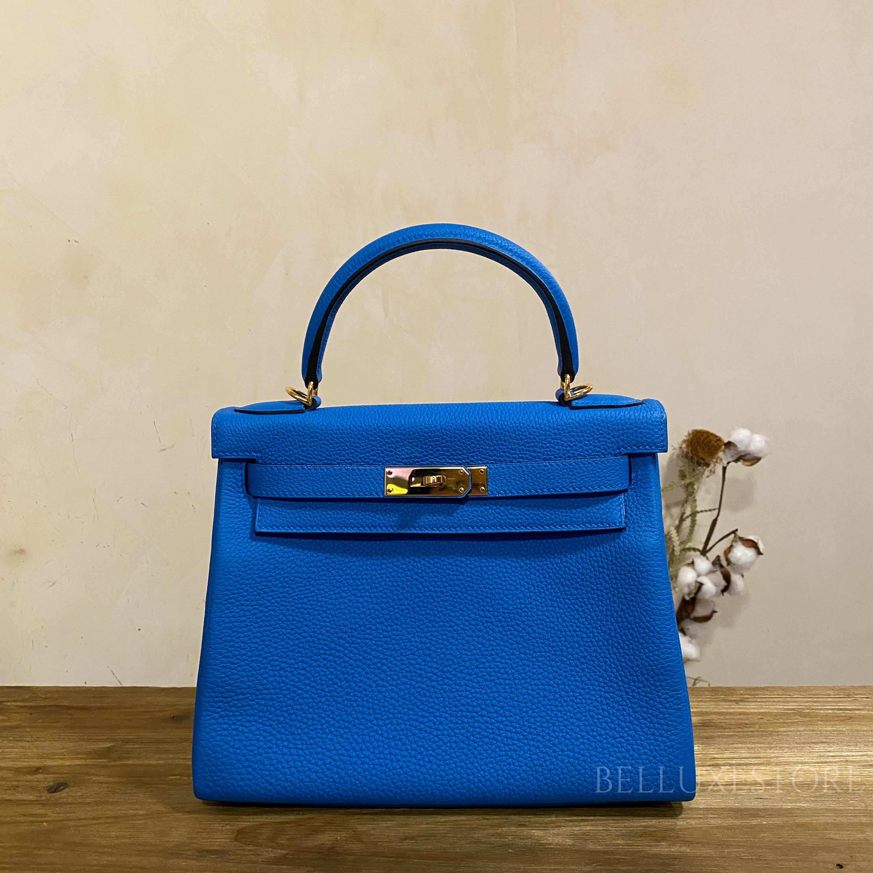Pre-owned] Hermes kelly 28 togo stamp A Bleu