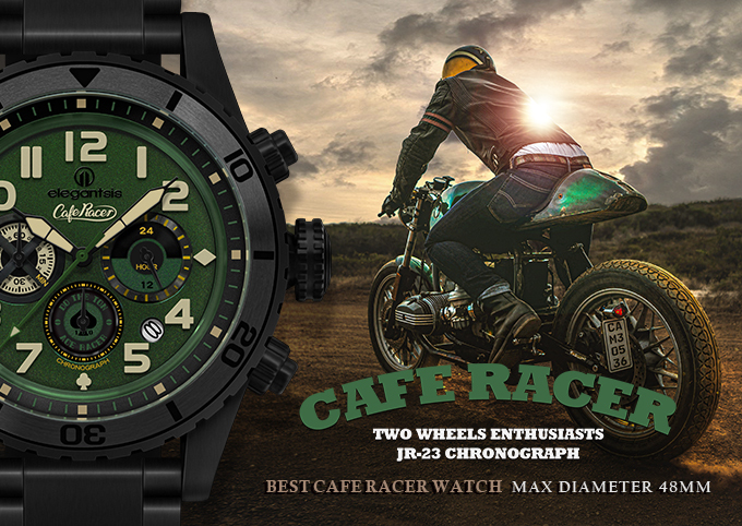 萬年鐘錶 -  愛樂時 elegantsis 咖啡騎士 cafe racer 系列  大錶徑三眼計時超競速300米防水超霸男錶  ELJR23QS-TONUP-VG02MA  錶徑48MM